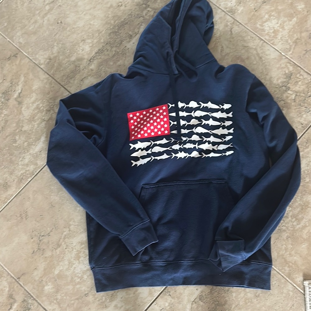 Columbia Navy Blue Hoodie with Red and White Fish Flag Design